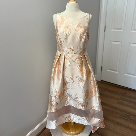 Adrianna Papell Dresses & Skirts - Adrianna Papell Metallic Peach Jacquard High-Low Cocktail Gown Dress Sz 10